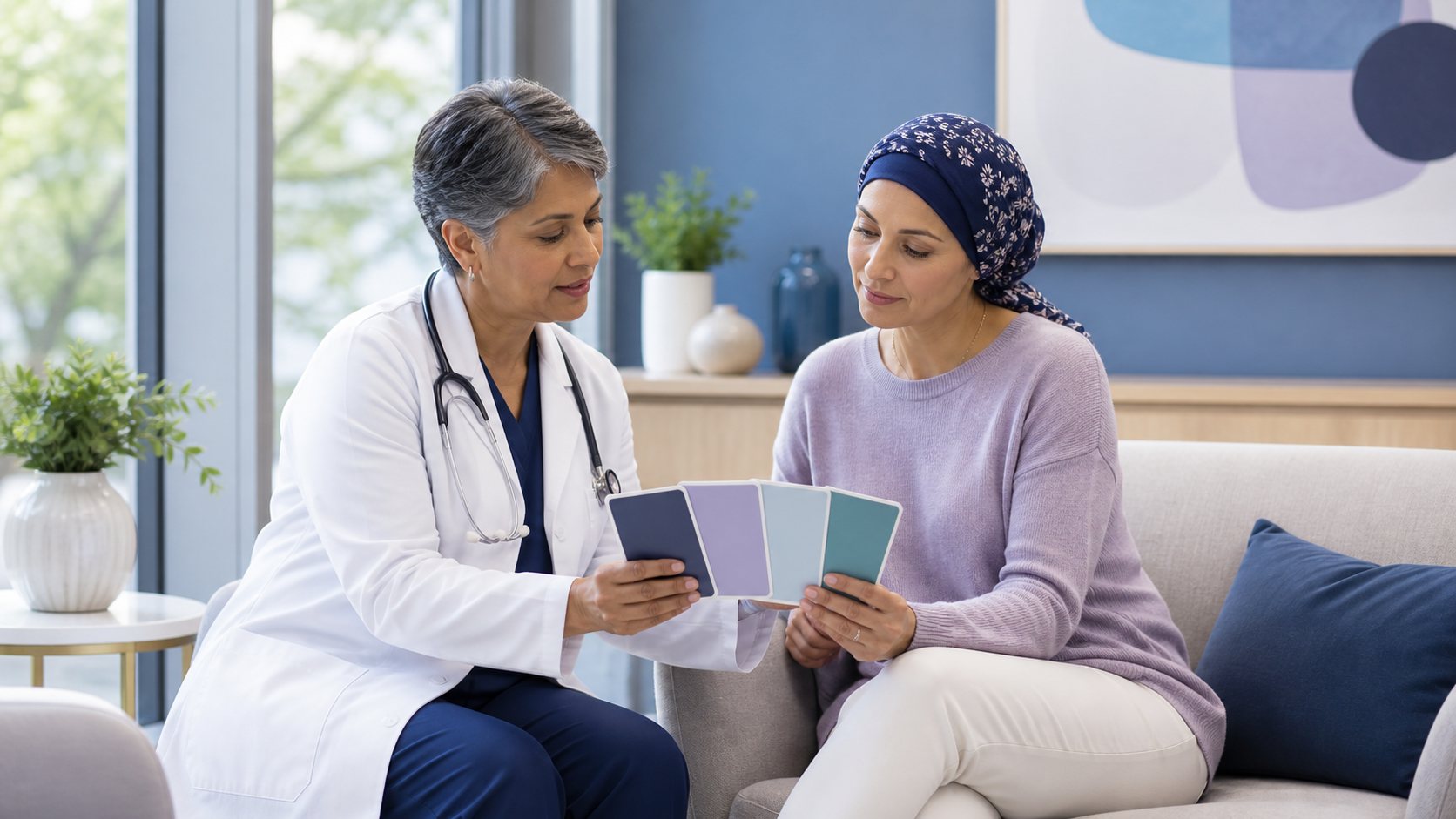 A clinician and a patient wearing a headscarf sit together comparing several solid-colored option cards fanned out between them.