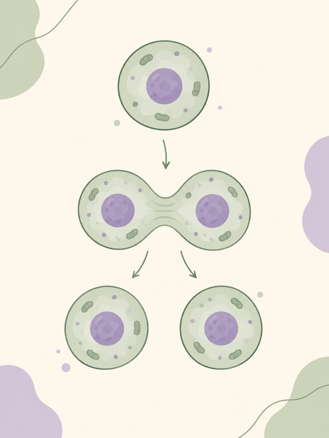 Flat illustration of a single cell dividing into two cells, muted green and lavender palette.