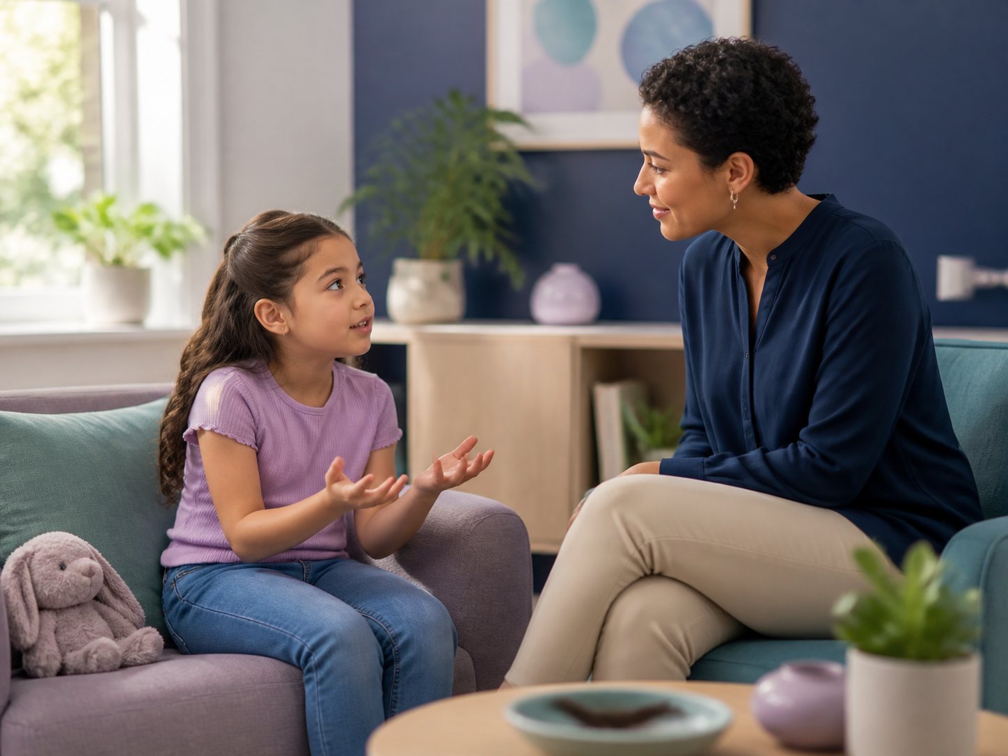 A girl sitting on a sofa asks a question of a trusted adult in a warm living room.