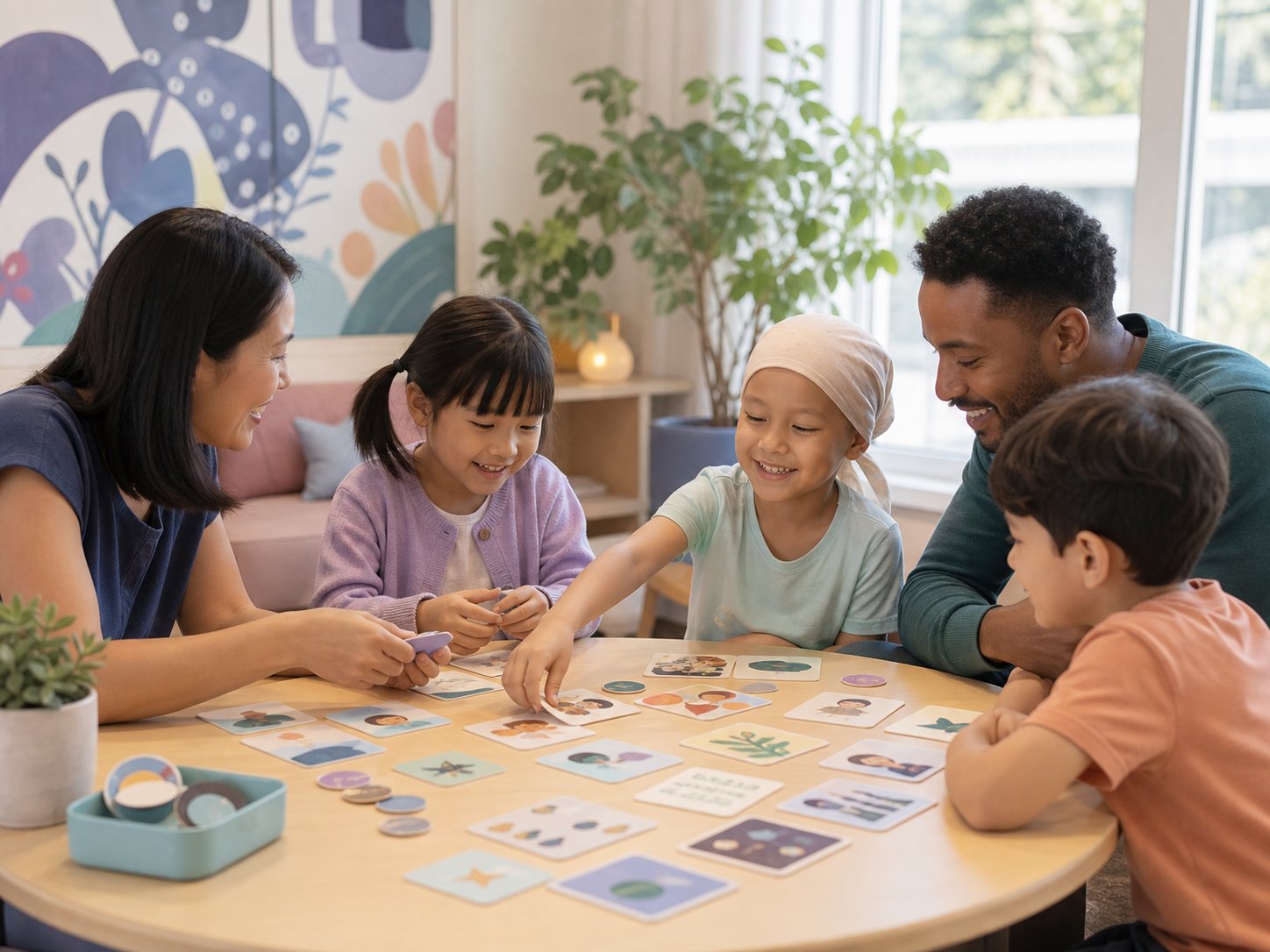 A family and children play a picture-card game with progress tokens at a round table.