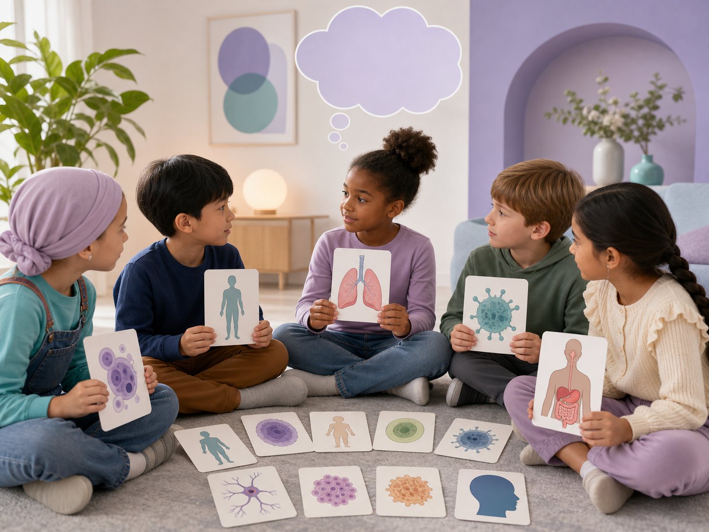 Five children sit on a rug laying out picture cards showing a body outline, lungs, cells and other simple shapes.