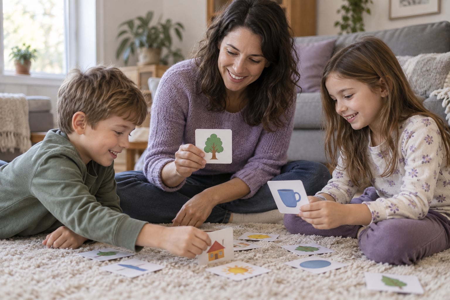 A mother plays a picture card matching game on the floor with her two young children.