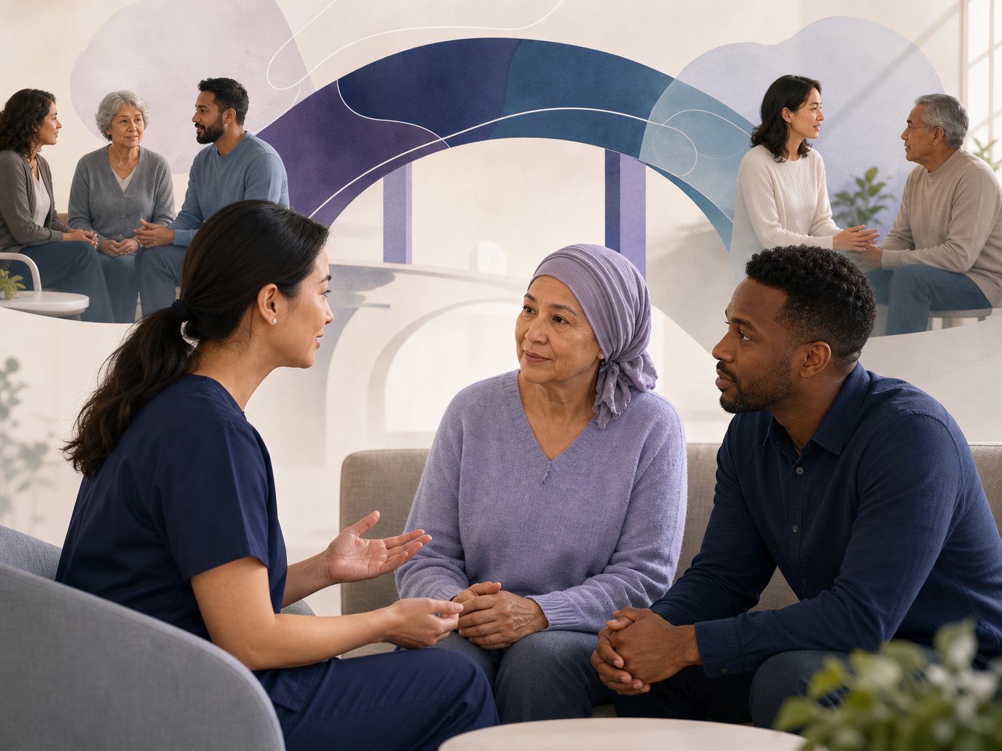 A central consultation beneath a painted arch motif that links two other conversations.