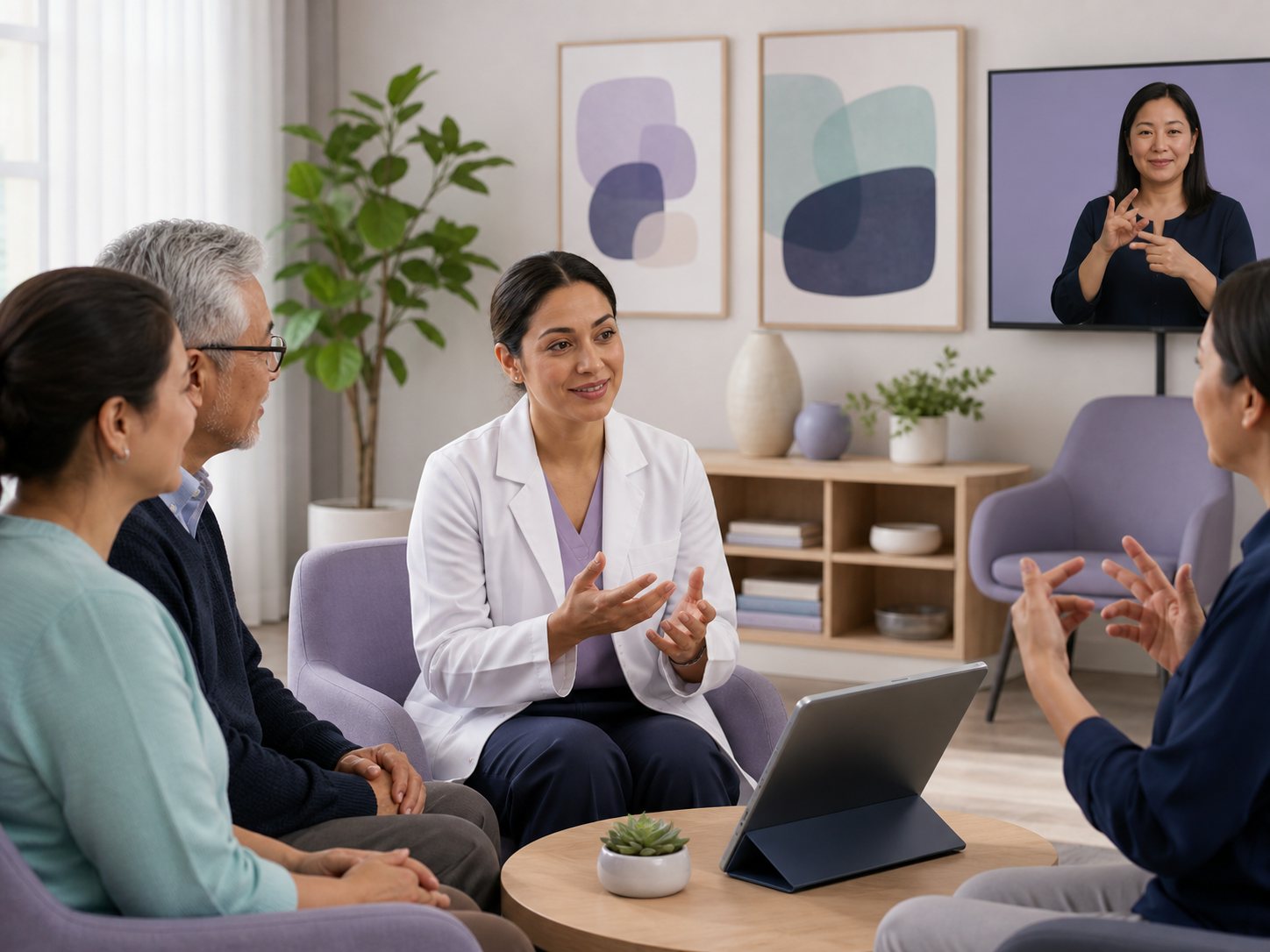 A clinician speaks with an older couple while a sign-language interpreter appears on a wall screen and another person signs nearby.