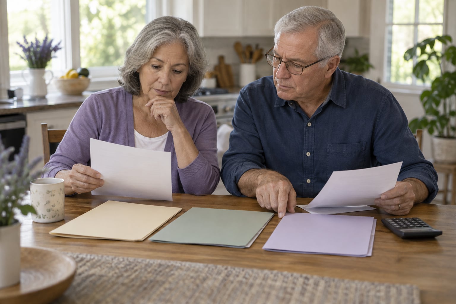 An older couple sit at their kitchen table reviewing papers next to three blank folders and a calculator.