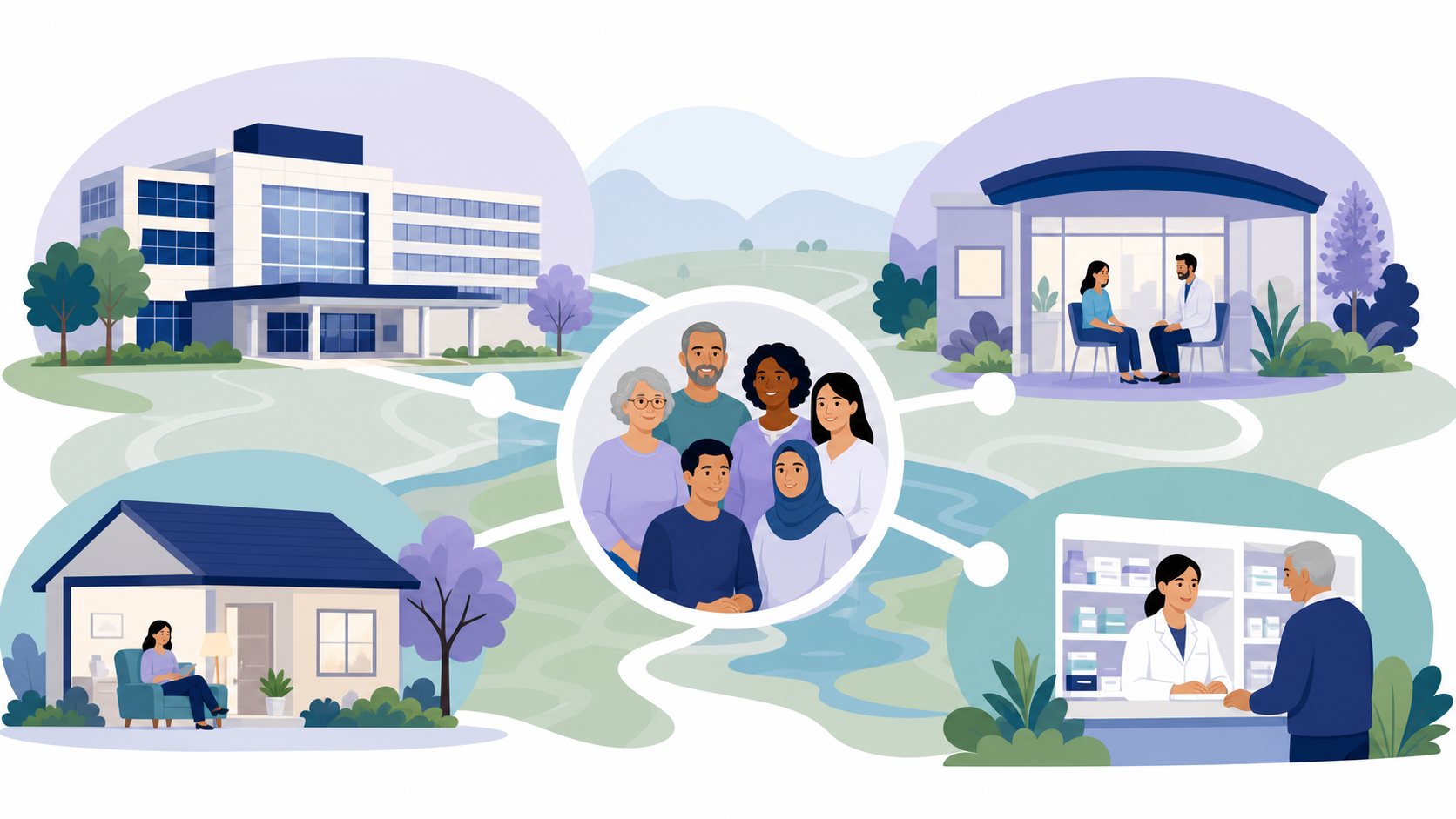 A stylised map linking a hospital, clinic, home and pharmacy to a family at the centre.