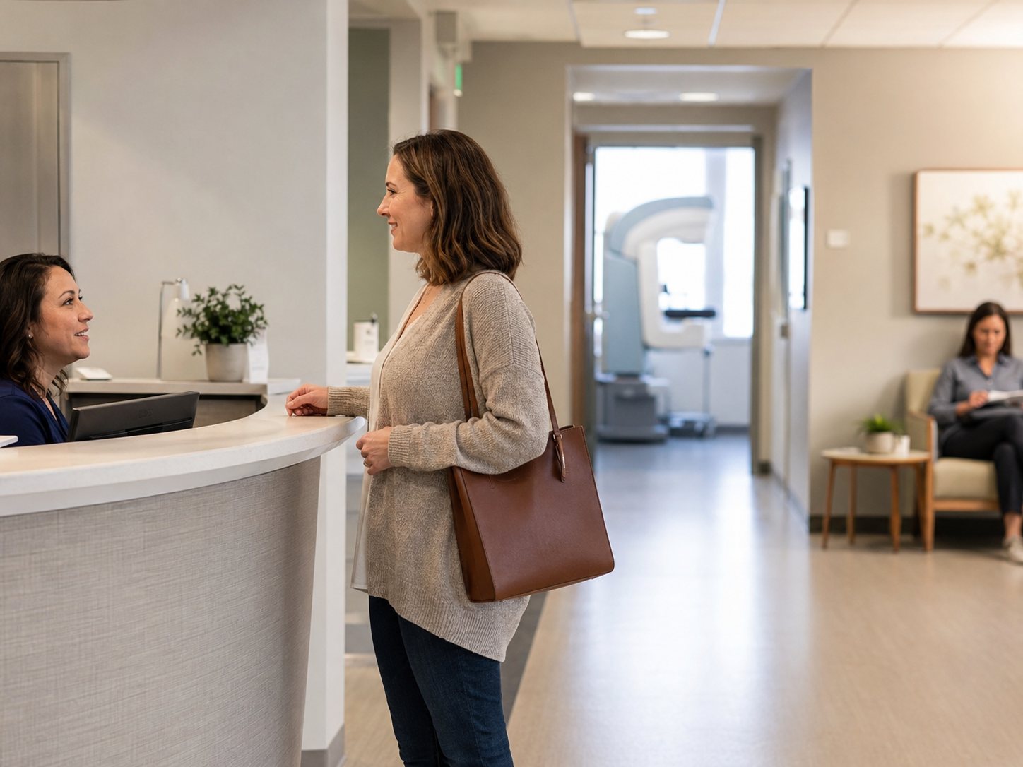 Woman with a tote bag checks in at a clinic reception desk with an imaging scanner visible beyond.