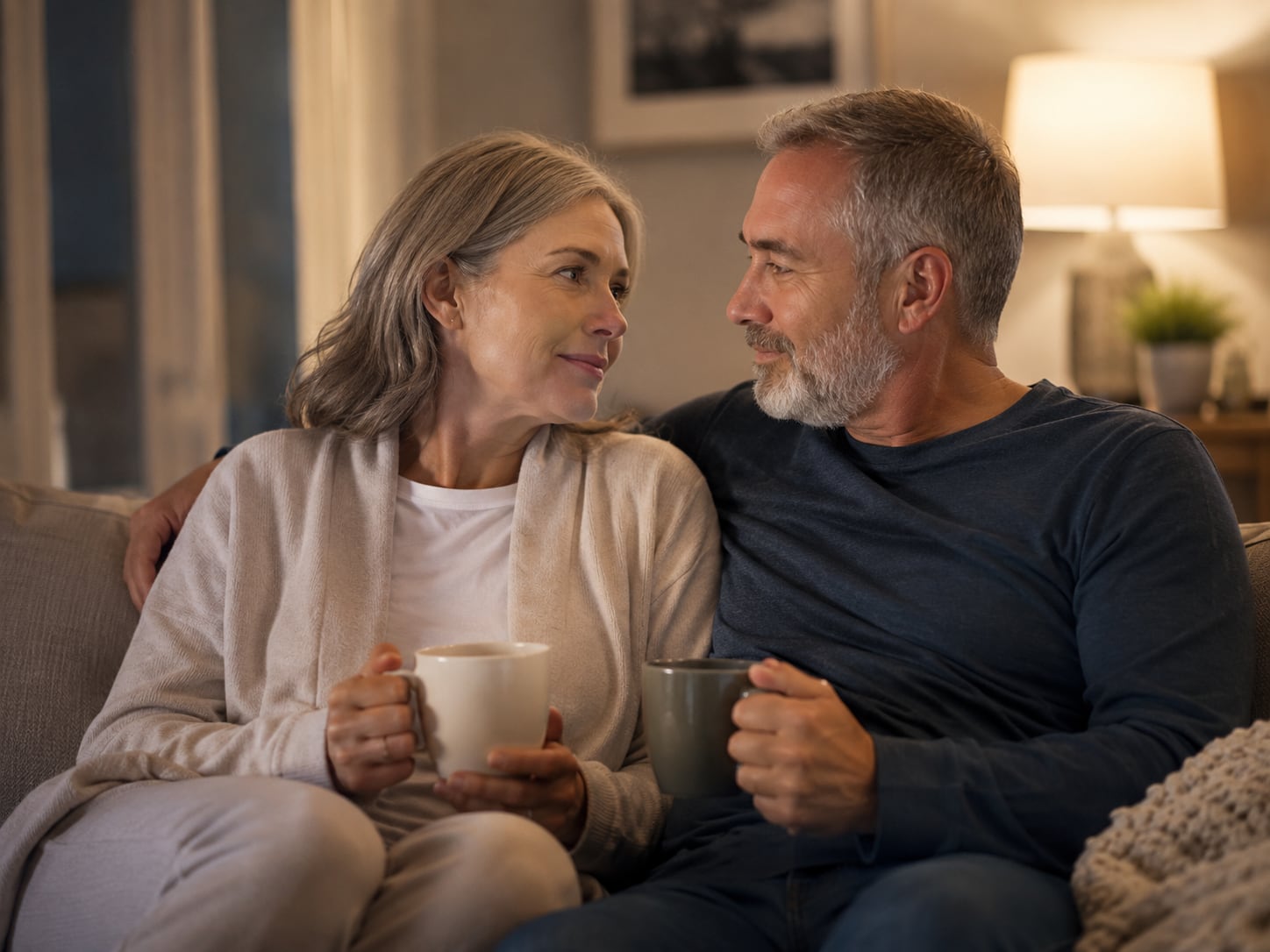 An older couple sit closely on a couch holding coffee mugs and smiling