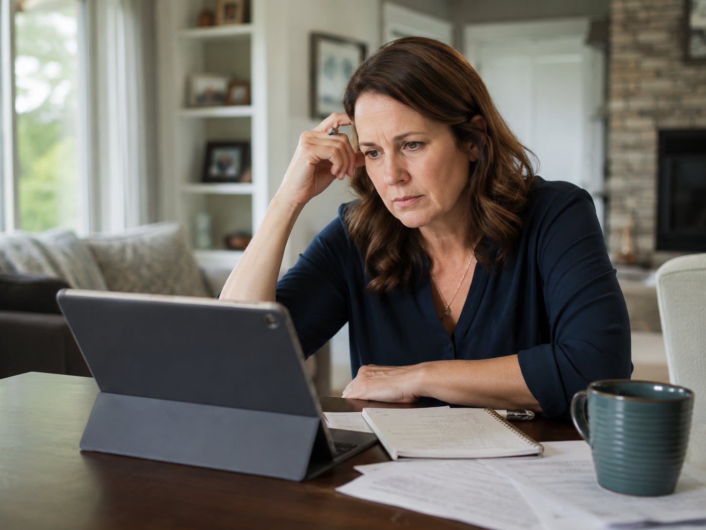 A woman rests her head on her hand while looking at a laptop