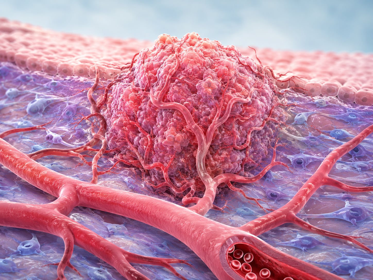 An illustration: 3D rendered tumor mass with surrounding blood vessels