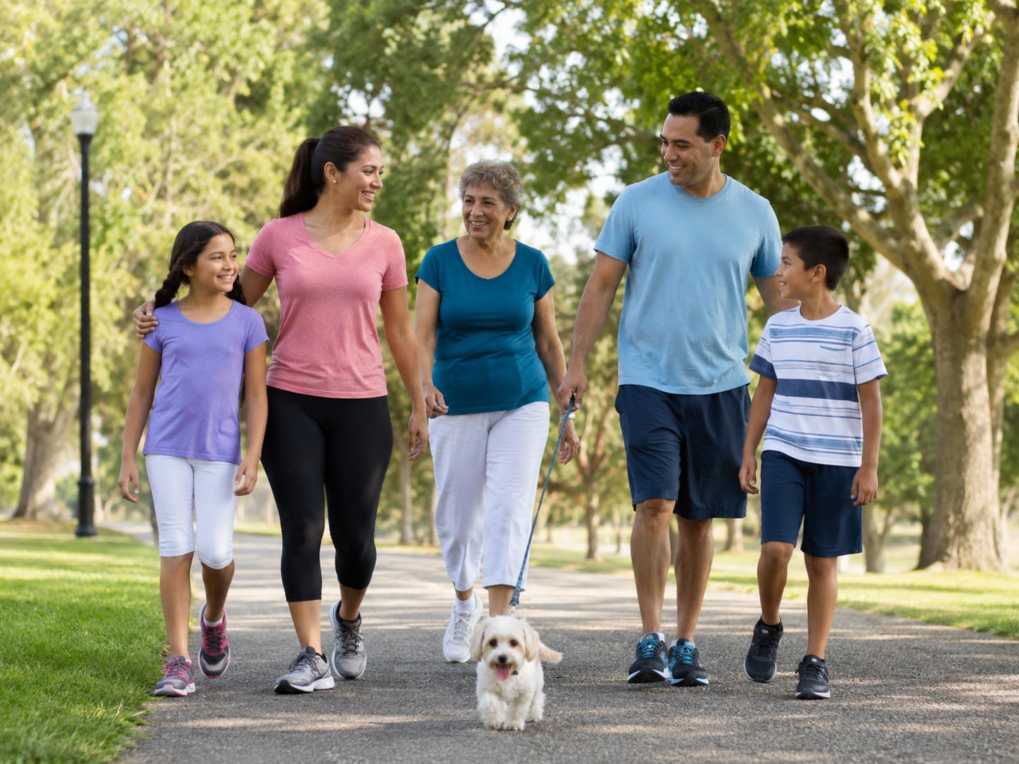 A family of five walk together smiling along a park path