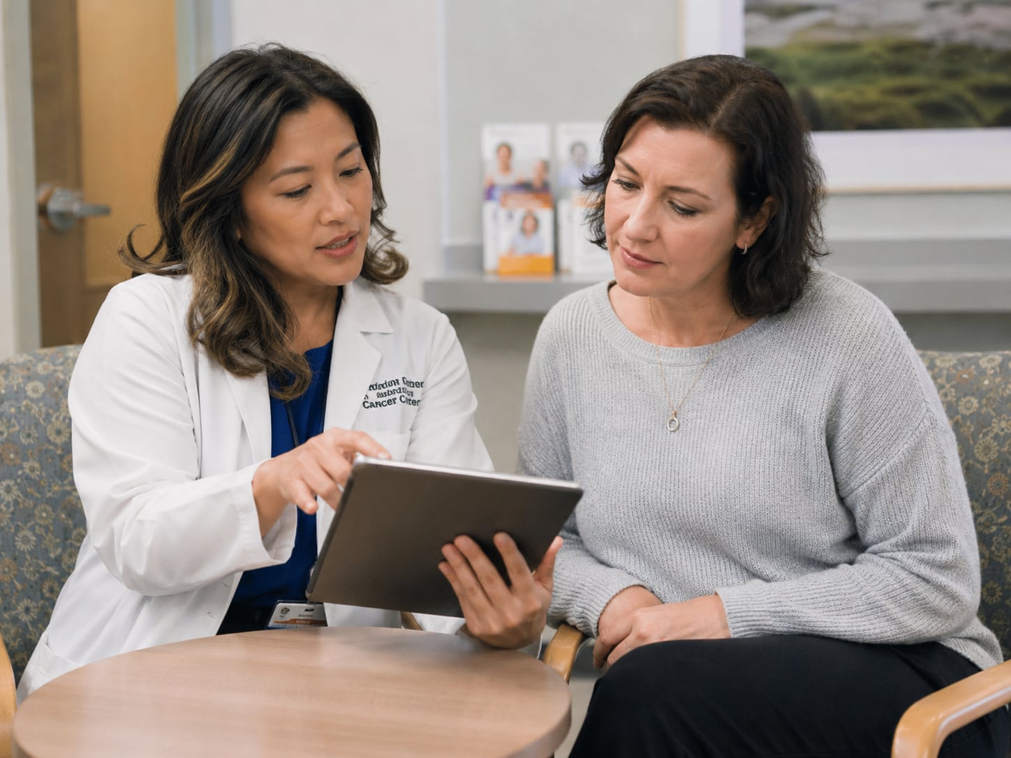 A female doctor and patient look together at a tablet screen