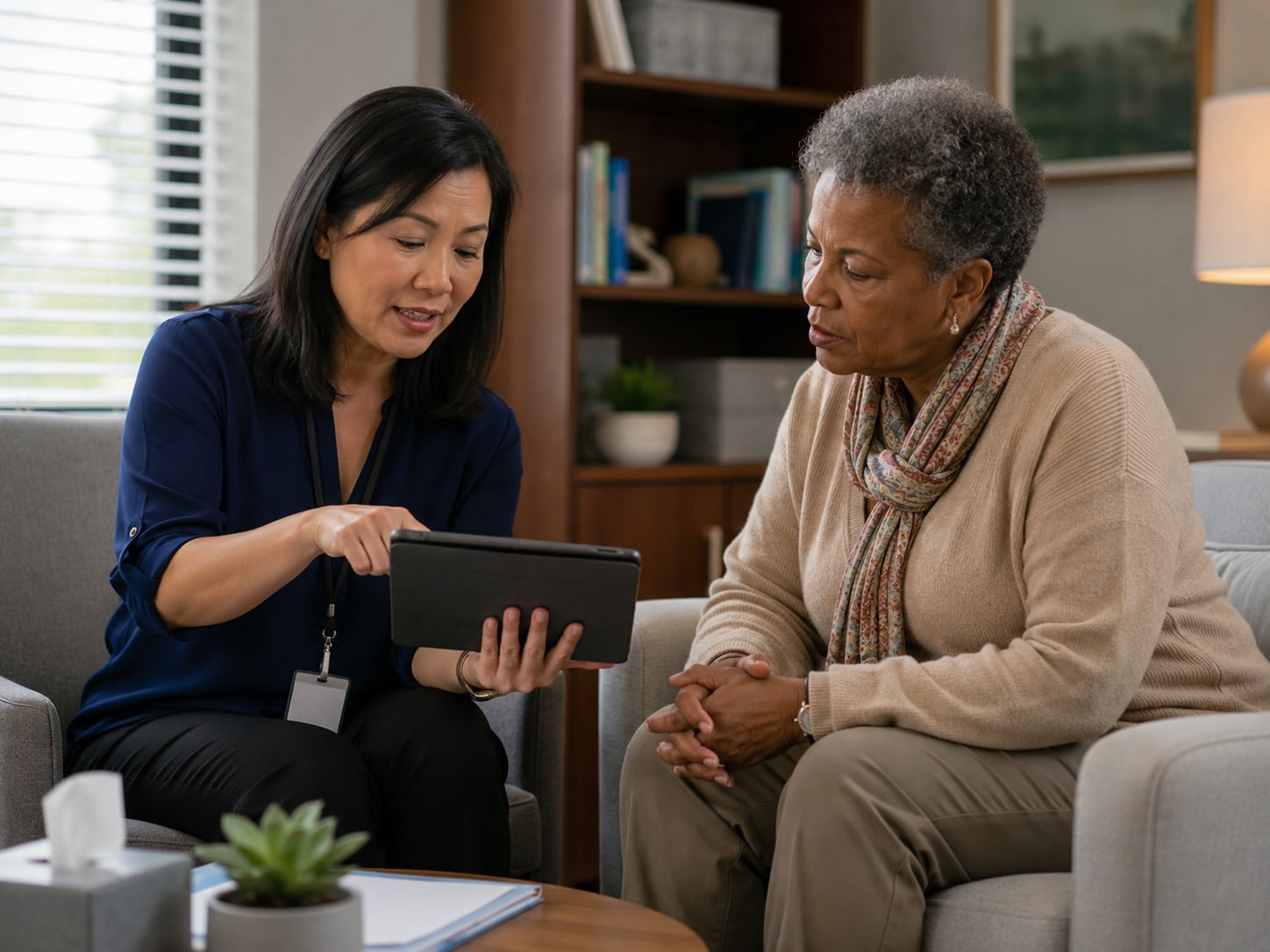 Two women look together at a tablet in a home or office setting