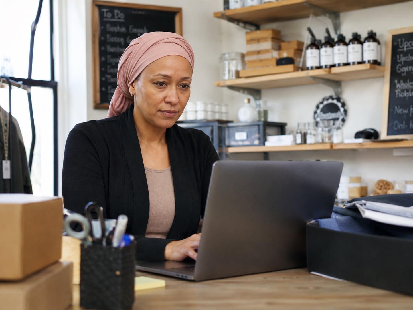 A woman in a headscarf works on a laptop in her kitchen