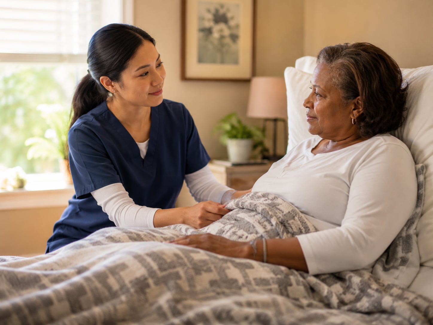 A nurse comforts a woman lying in a hospital bed with a hand on her shoulder