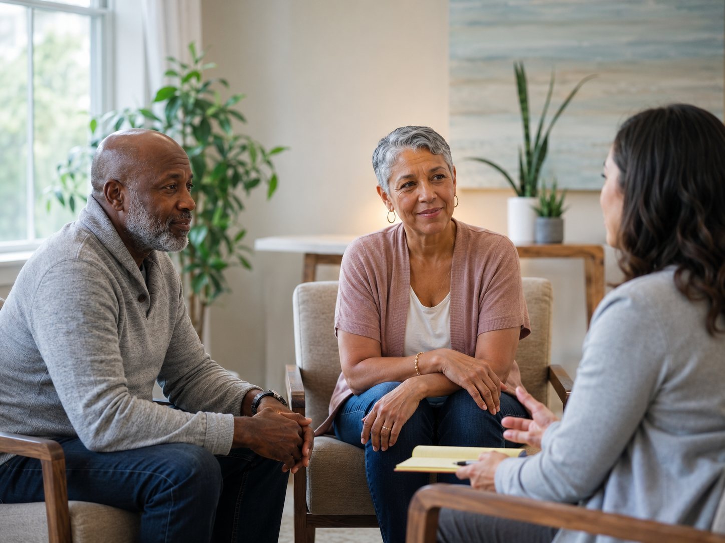 Older man and woman sit in armchairs speaking with a note-taking professional facing them.