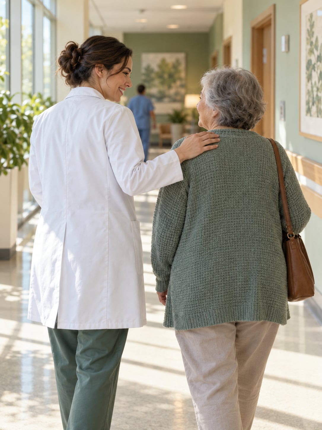 A clinician in a plain white coat walks alongside an older woman down a sunlit hospital corridor, a reassuring hand on her shoulder