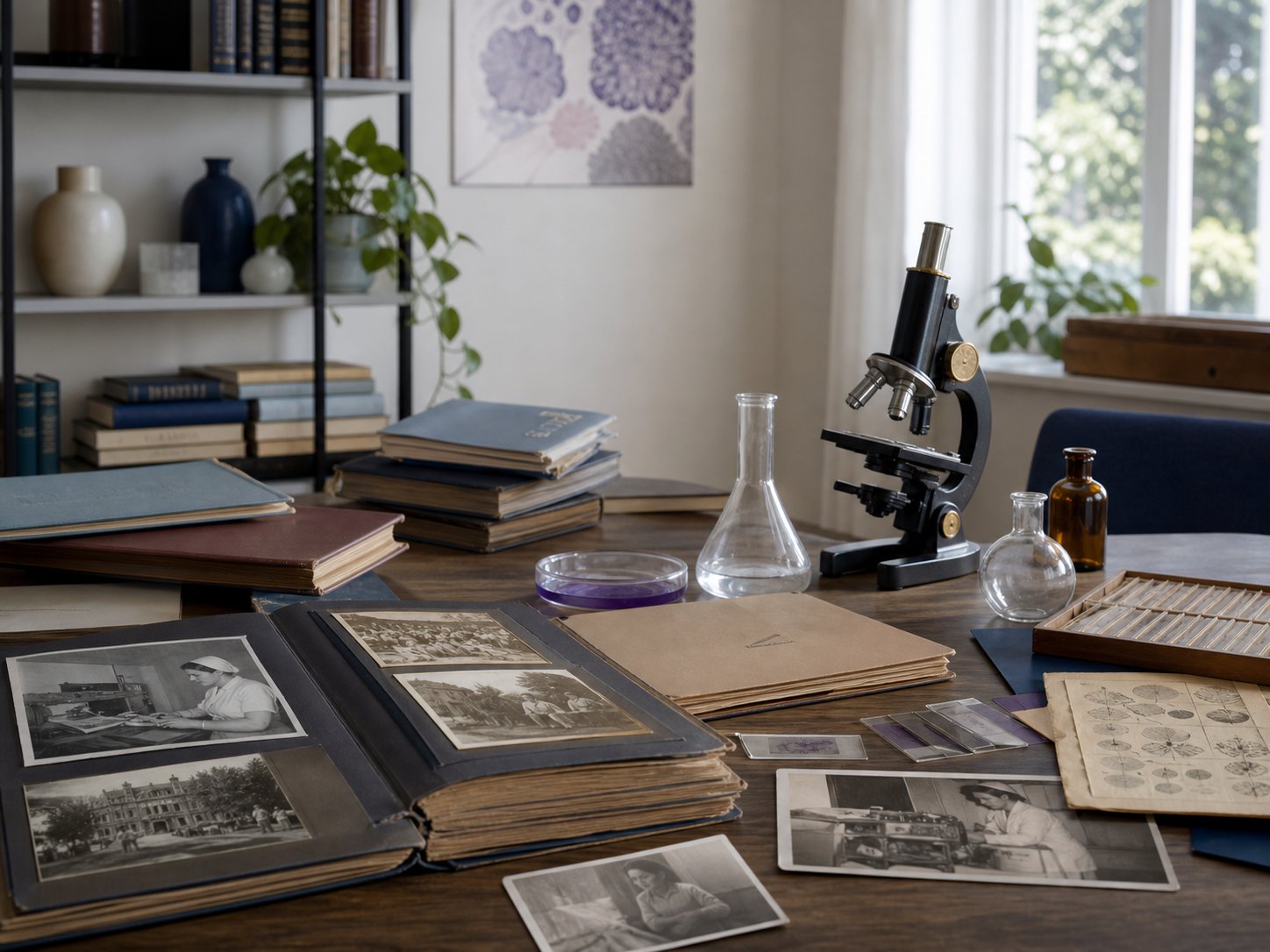 An archival research table with a photo album, loose historic photographs, a flask and a brass microscope.