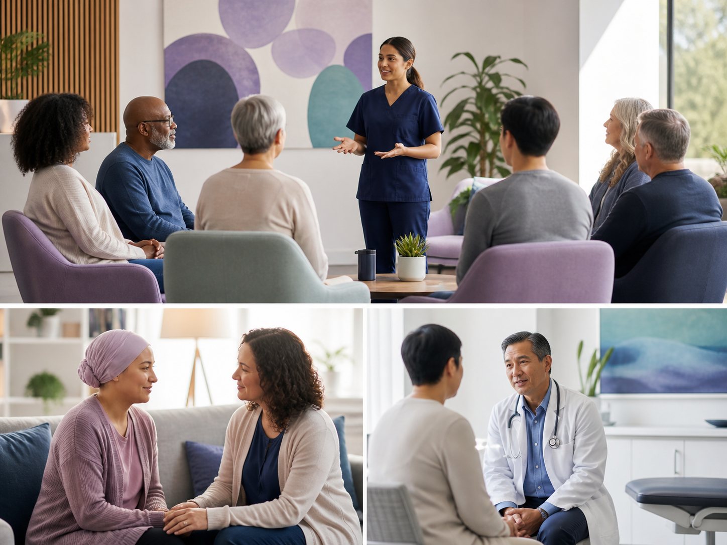 A three-panel scene of a nurse presenting to a group, a peer support circle and a clinician visit.