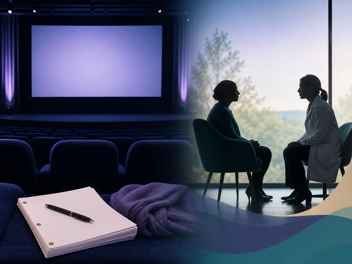 An empty cinema with a blank screen, a blank script pad and a silhouetted consultation.