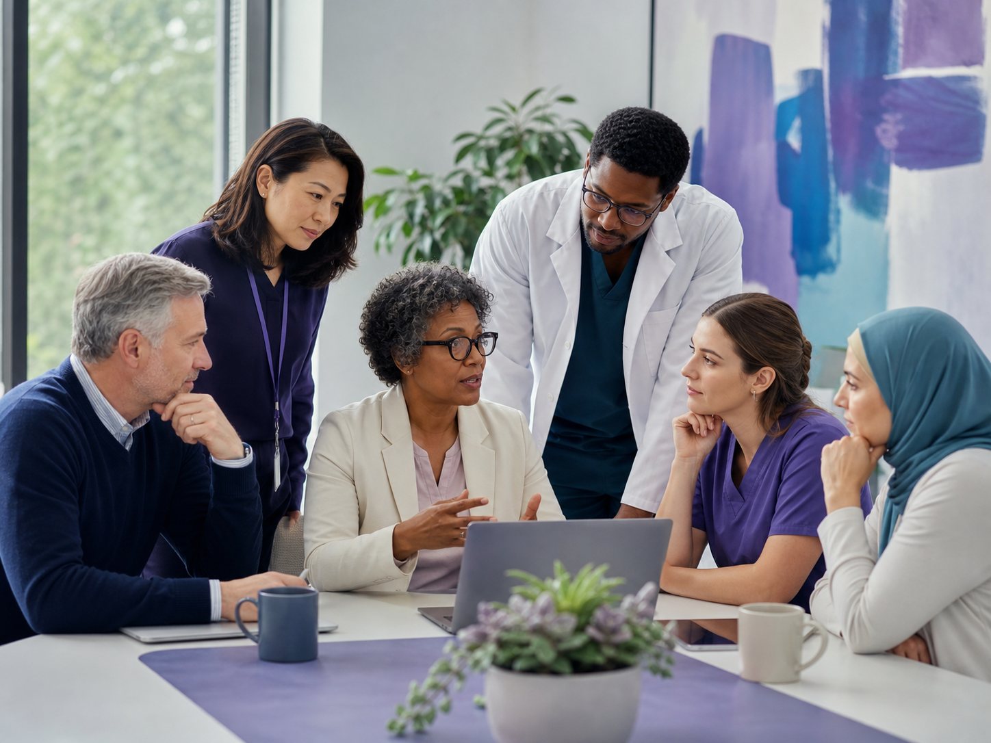 A multidisciplinary team reviews a protocol together around a laptop.