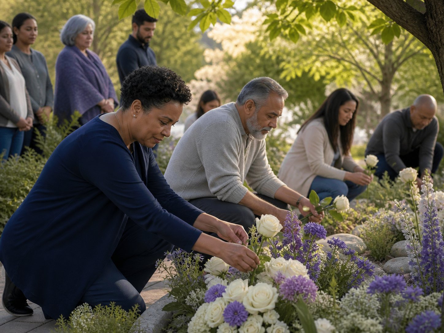 Community members kneel to place white flowers in a memorial garden.