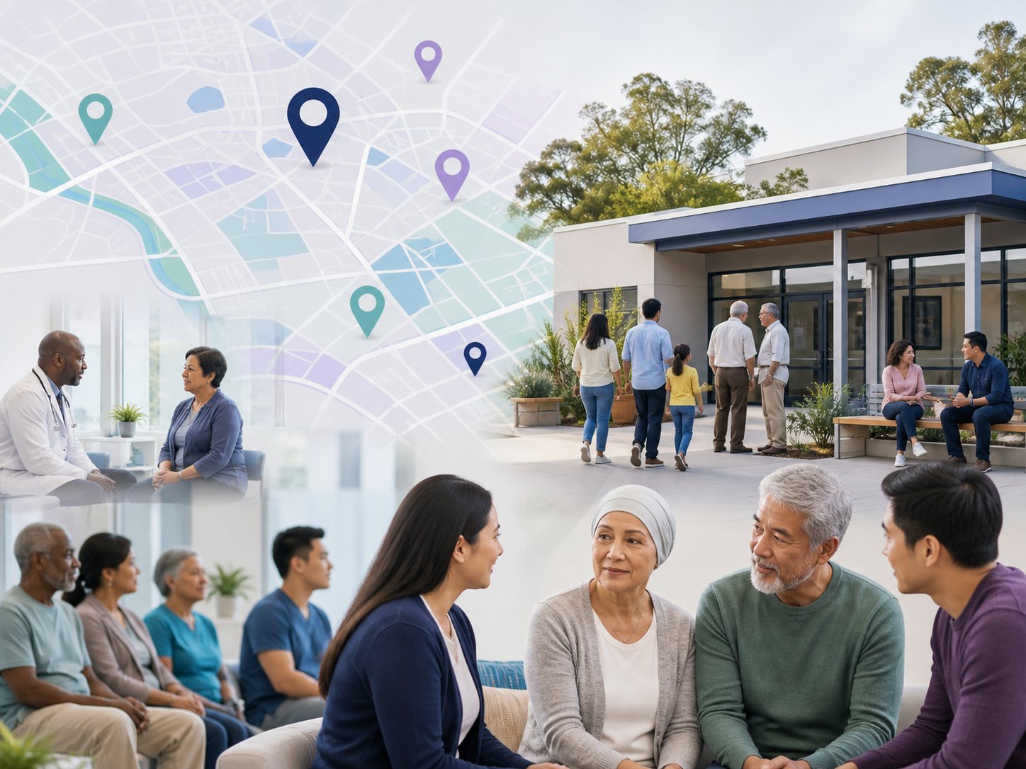 A community clinic exterior with map pins and scenes of screening and consultation.