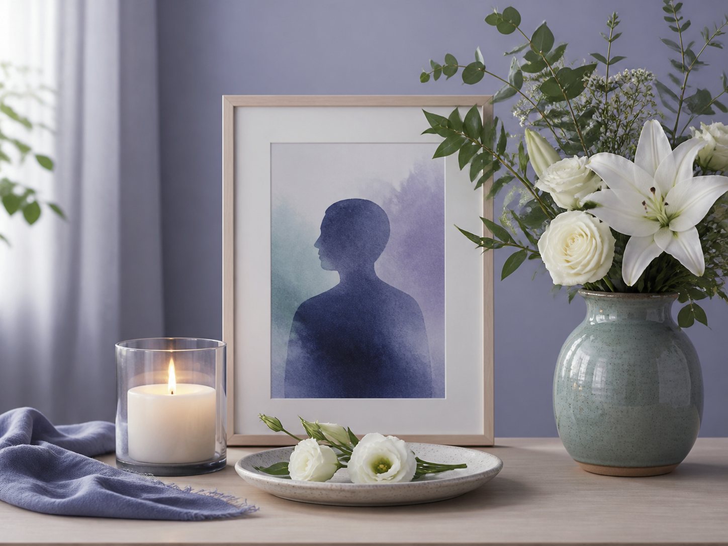 A remembrance still life with a lit candle, white lilies and roses, and a framed abstract silhouette.