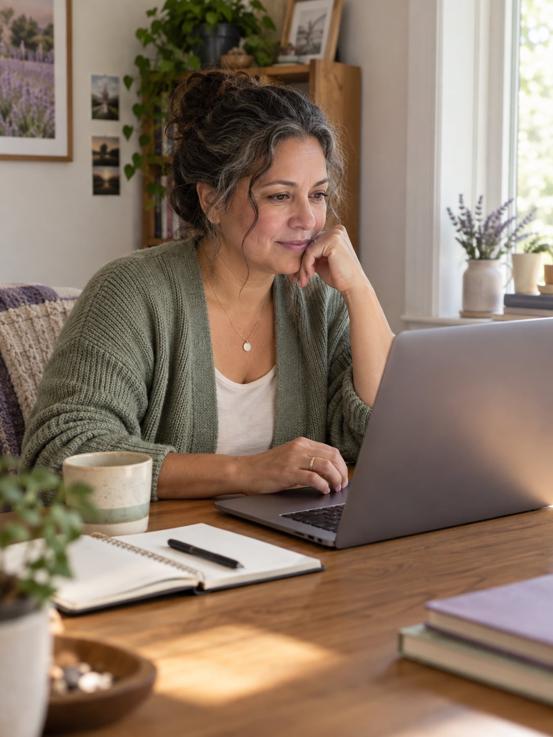 A woman at a laptop at a home desk, looking at a resource website, notebook and pen beside her.