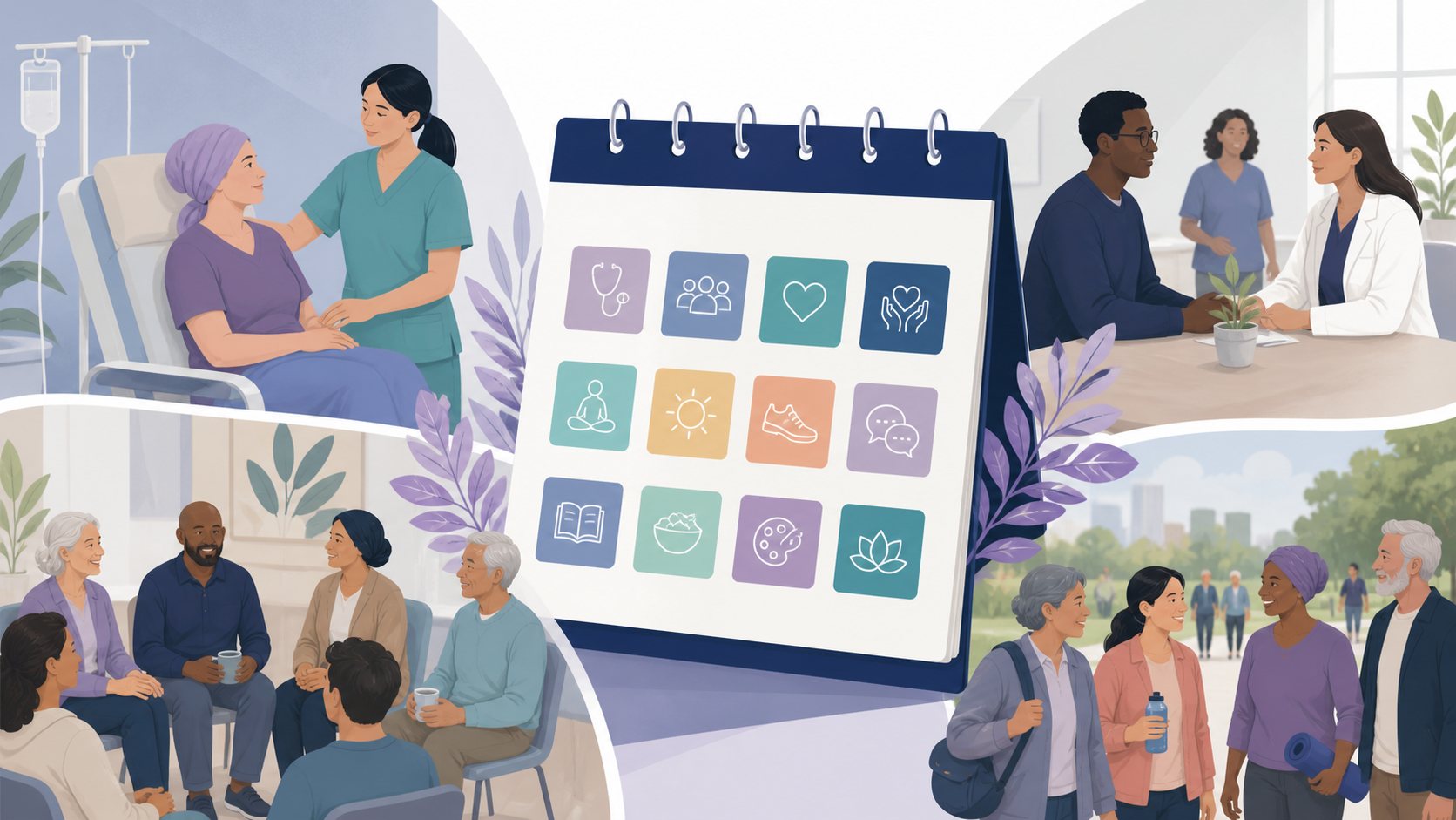 A large spiral desk calendar with a grid of abstract icon tiles, surrounded by outreach scenes.