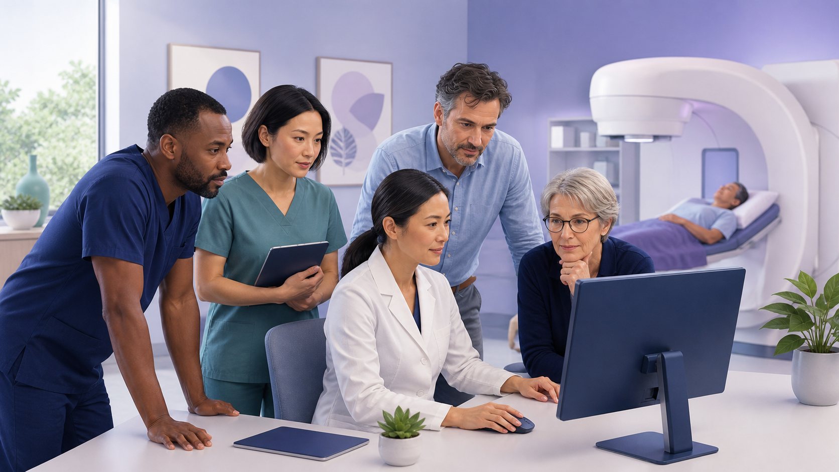 A care team gathers around a clinician reviewing output at a monitor.