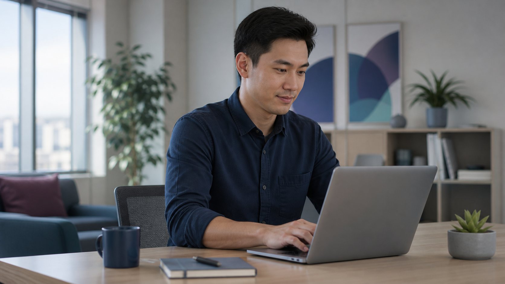 An office worker at a laptop in a generic workplace with no visible branding.