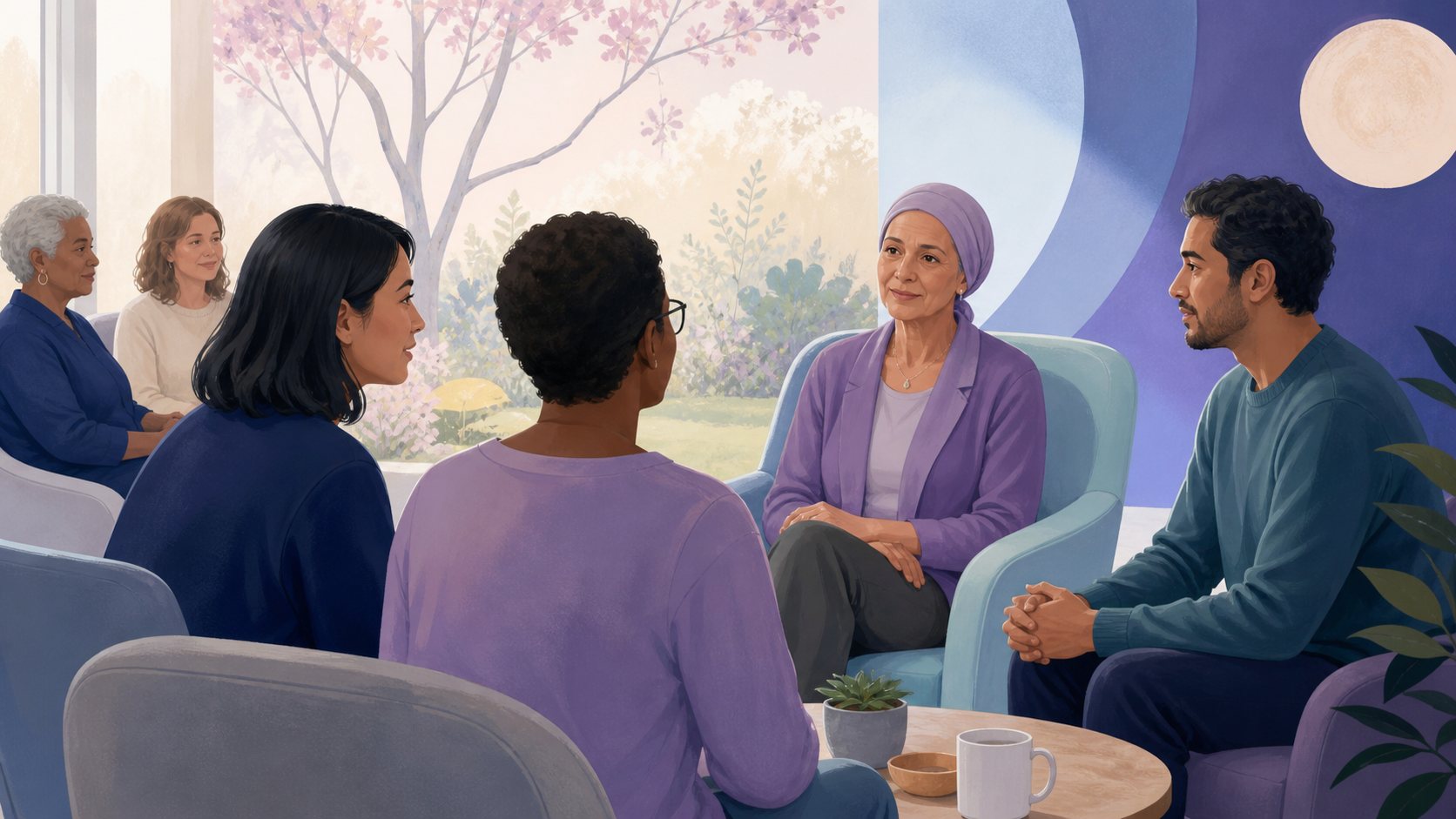 A small circle of people share stories in a calm room beside a garden window.