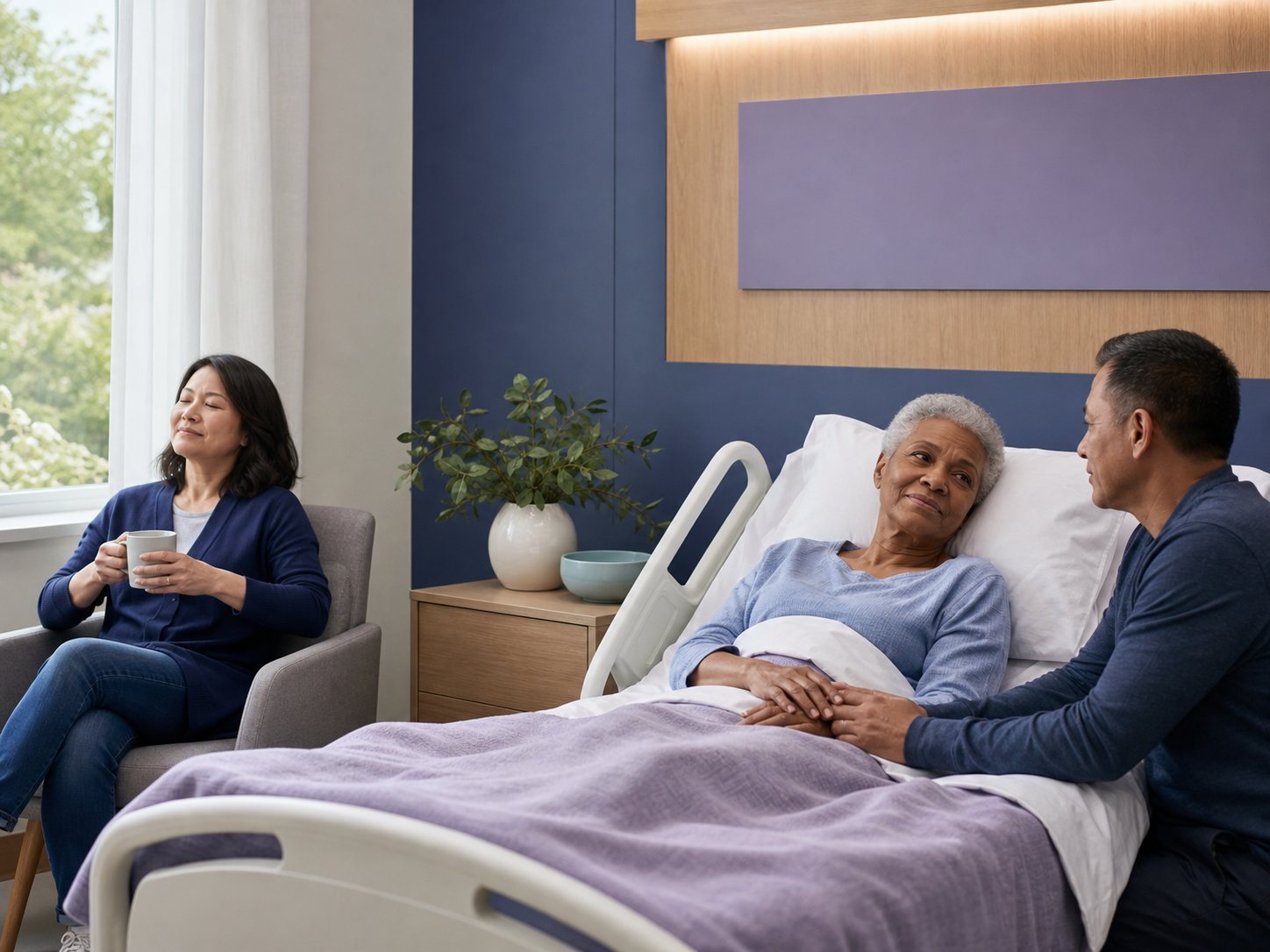 A caregiver rests with a mug by a window while another person sits with the patient.