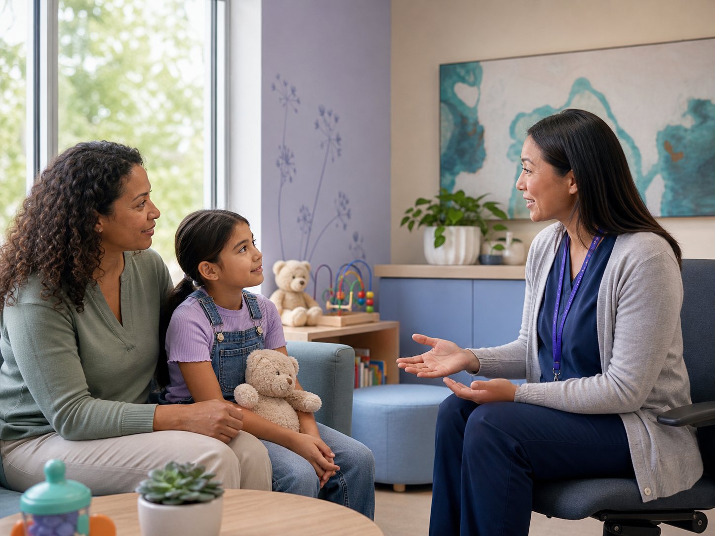 A parent and a girl of about seven holding a teddy bear listen to a navigator in a child-friendly consultation room.