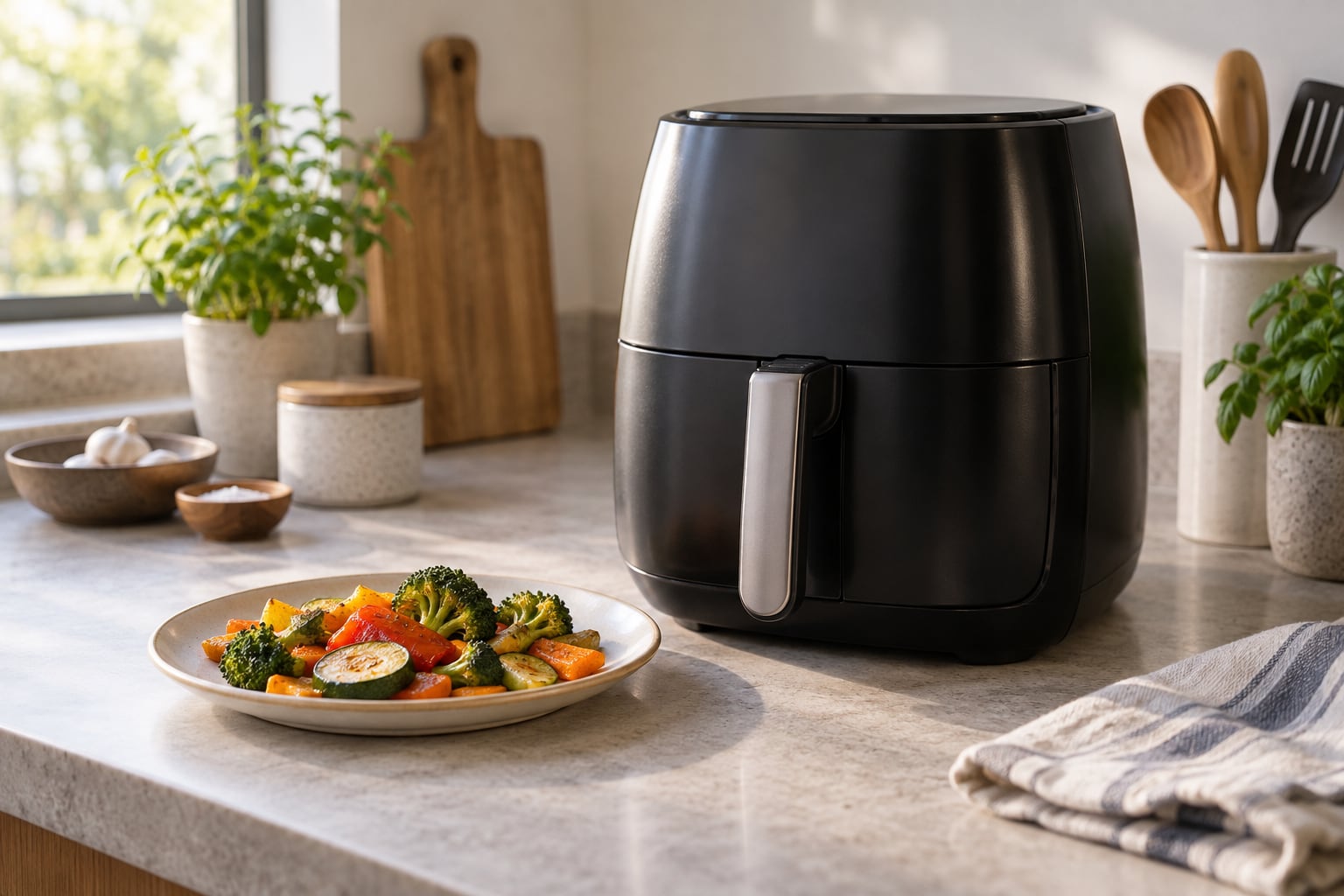 A black air fryer on a kitchen counter next to a plate of roasted vegetables.