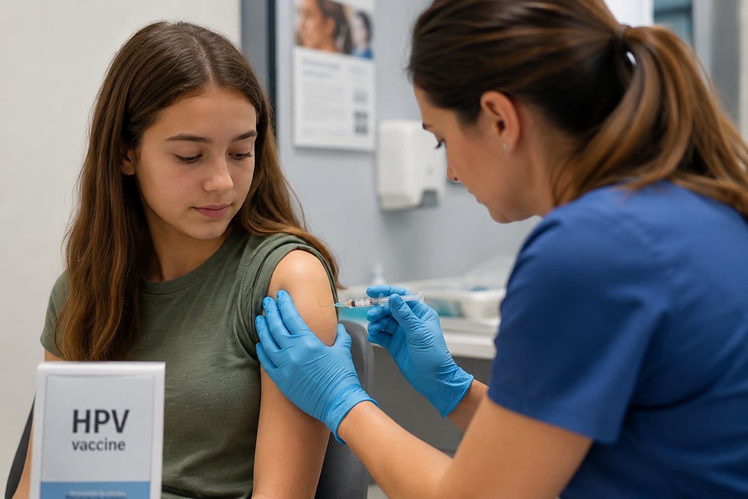 A clinician in blue scrubs and gloves gives an injection into a teenager’s upper arm in a clinic room, with a countertop sign reading “HPV vaccine”.