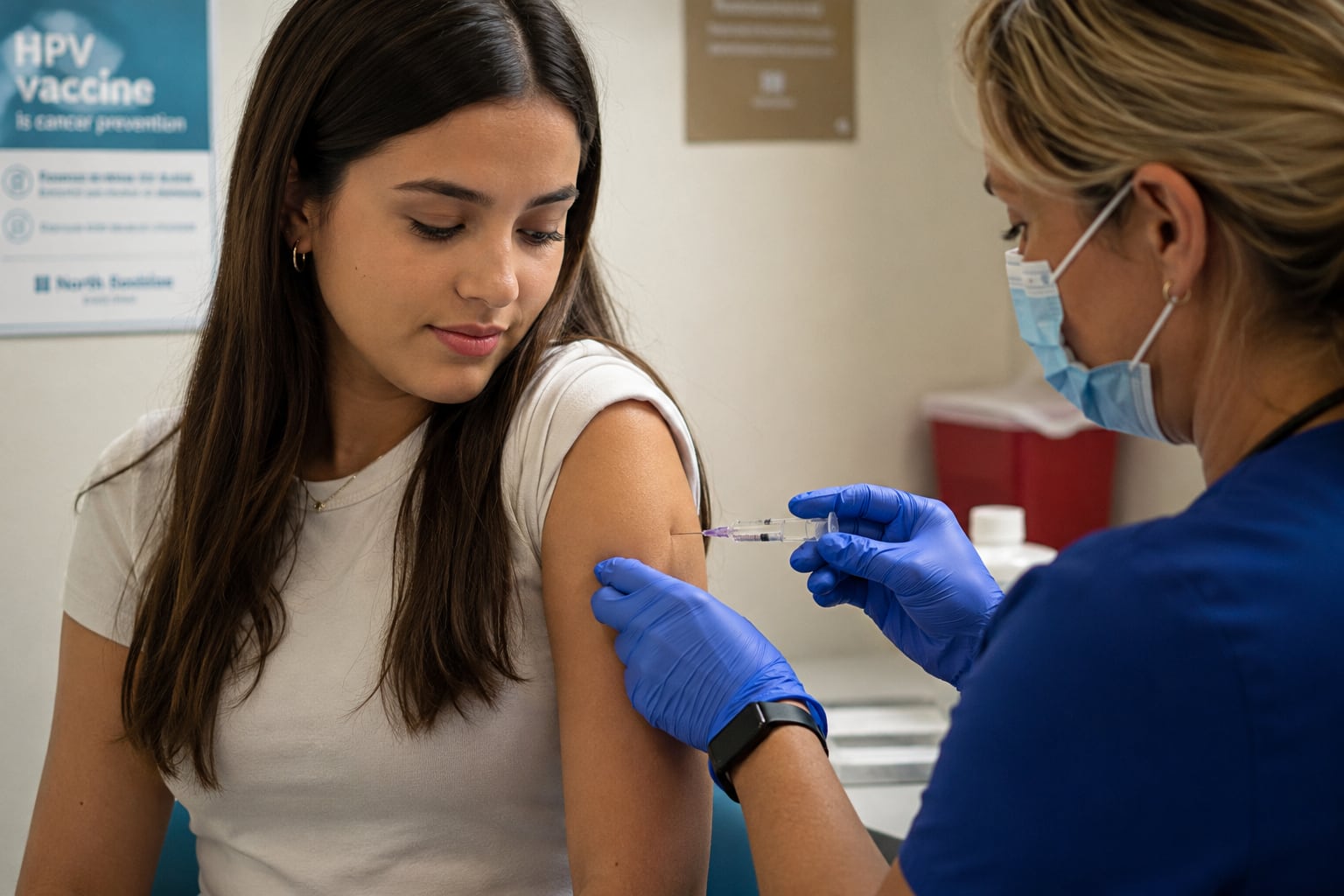 A masked clinician in blue scrubs and purple gloves injects a young woman’s upper arm next to a poster reading “HPV vaccine is cancer prevention”.