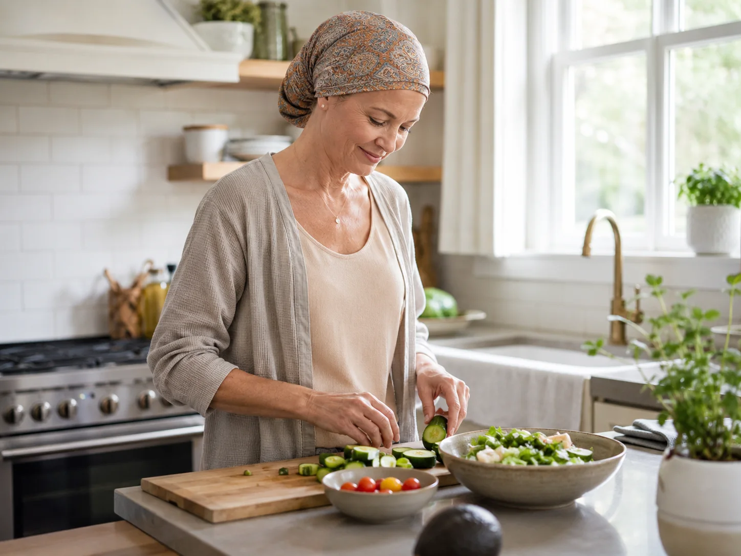 Woman washes and prepares fresh produce at a kitchen sink