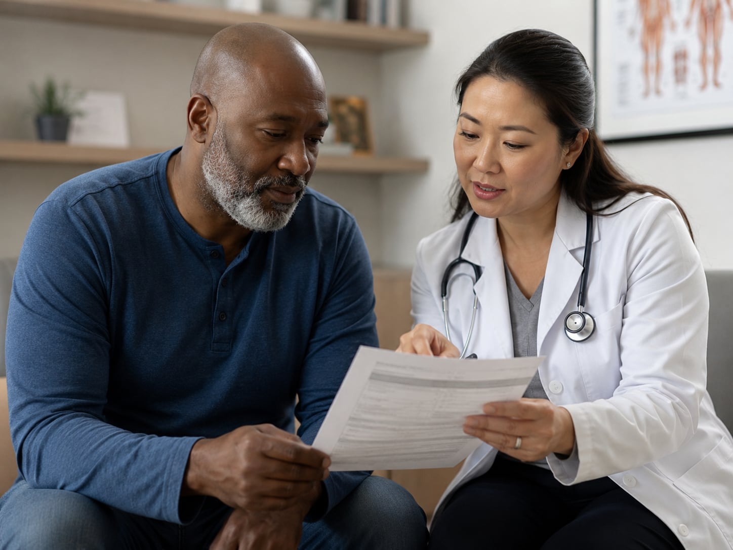 An older man reviews a document with a female doctor in a clinical office