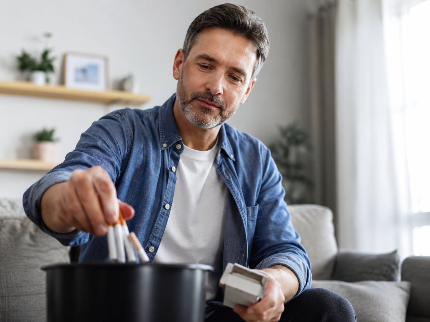 Man on a living room sofa drops a handful of cigarettes into a bin while holding the empty pack.