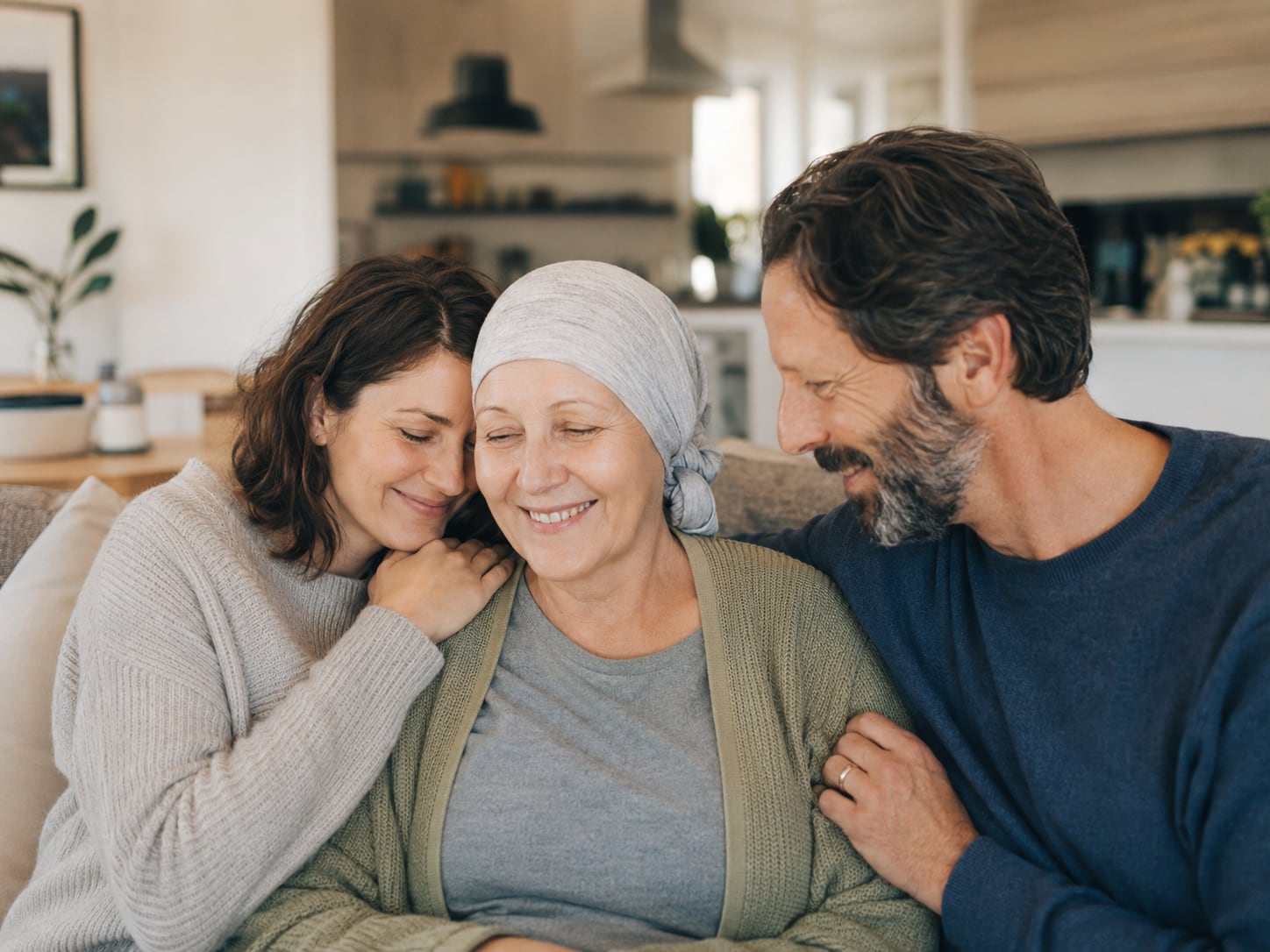 A woman in a headscarf is embraced by a woman and man comforting her