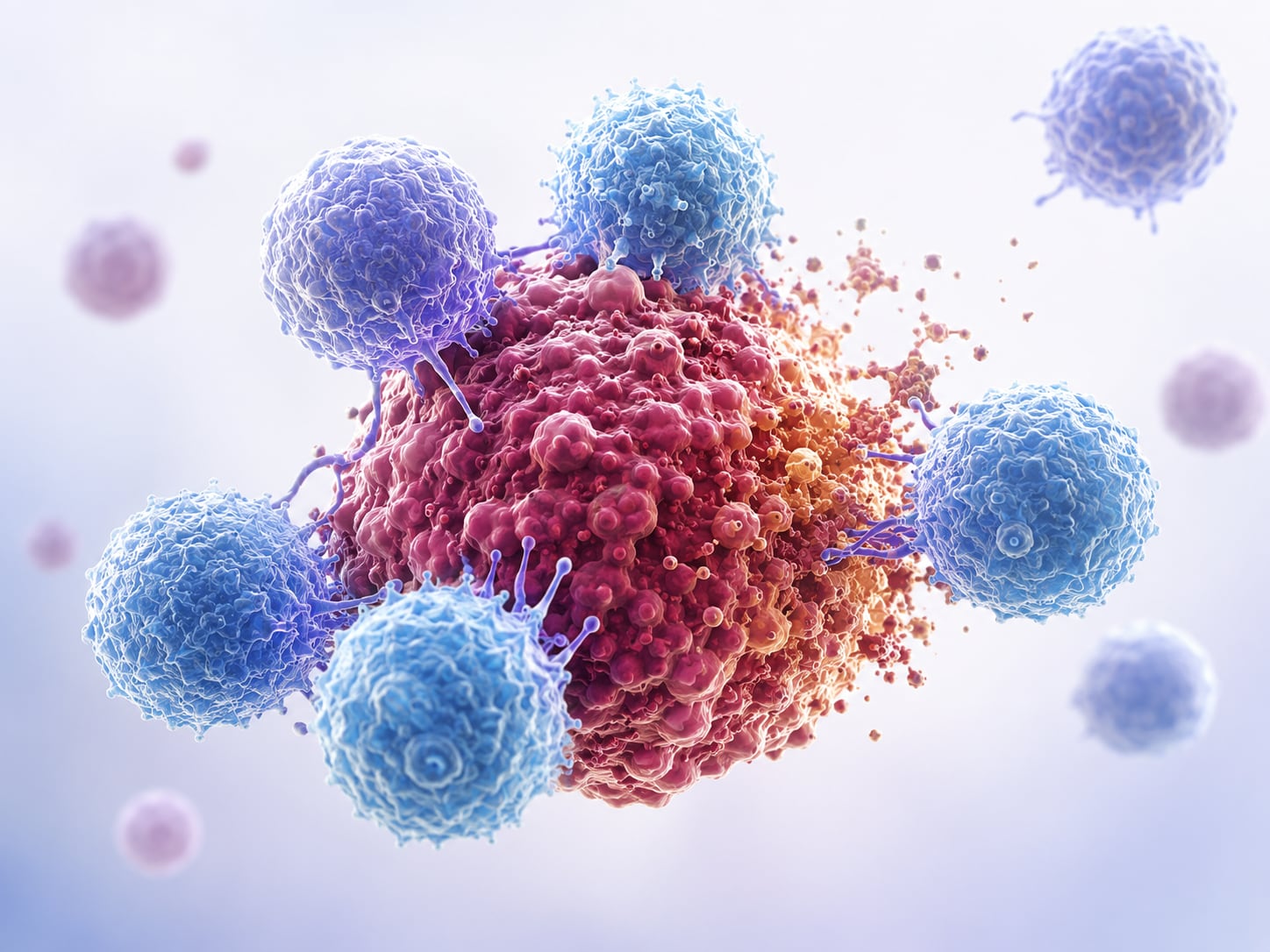 An illustration: pink cancer cells surrounded by blue immune cells