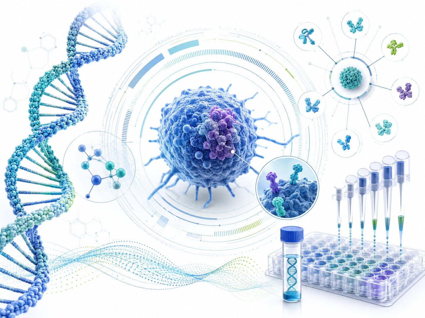 An illustration: dNA strand and cell beside blood sample vials