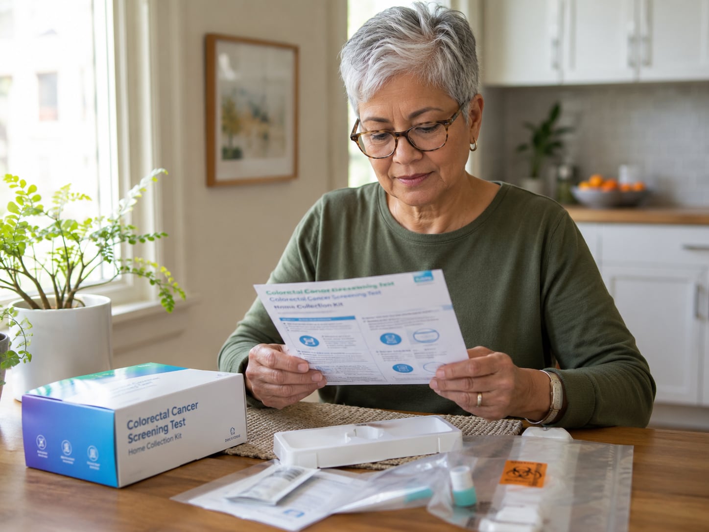 An older woman reads a screening test kit box at home
