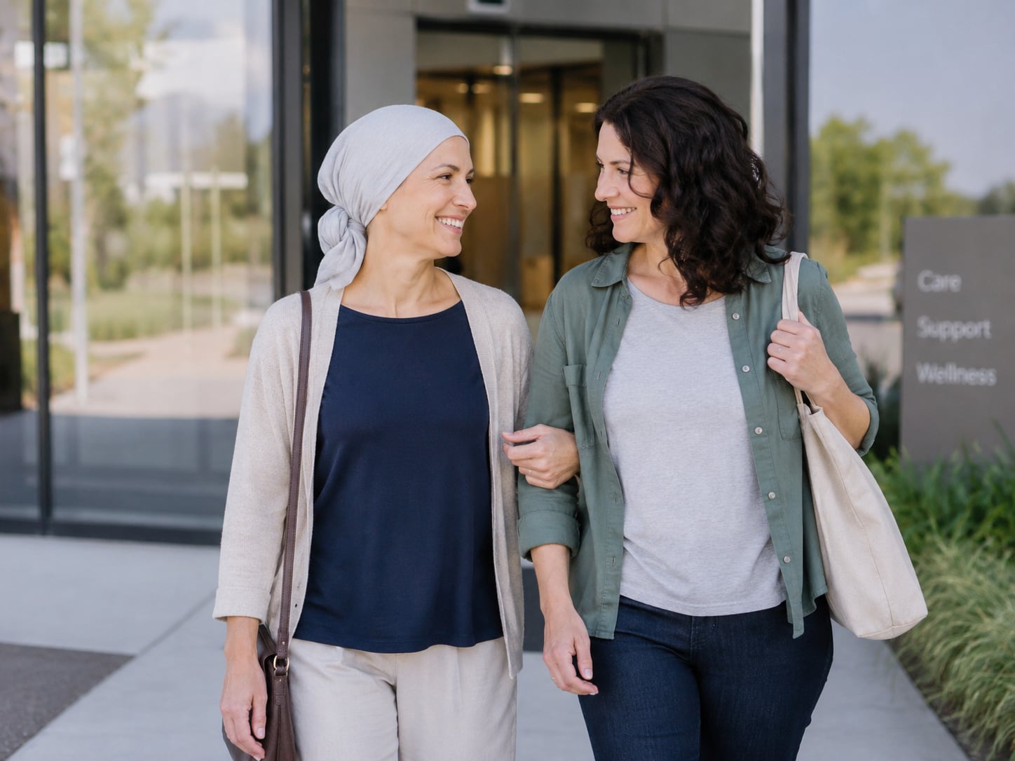 A woman in a headscarf embraces another woman outside a clinic entrance