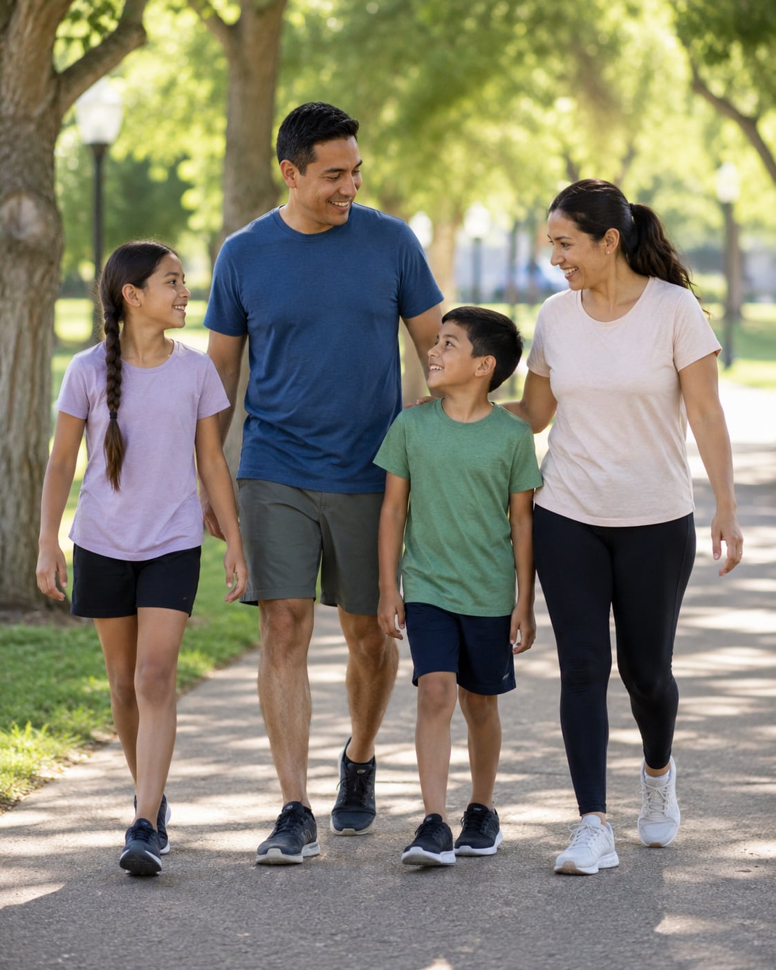 A family of four parents and two kids walk together outdoors smiling