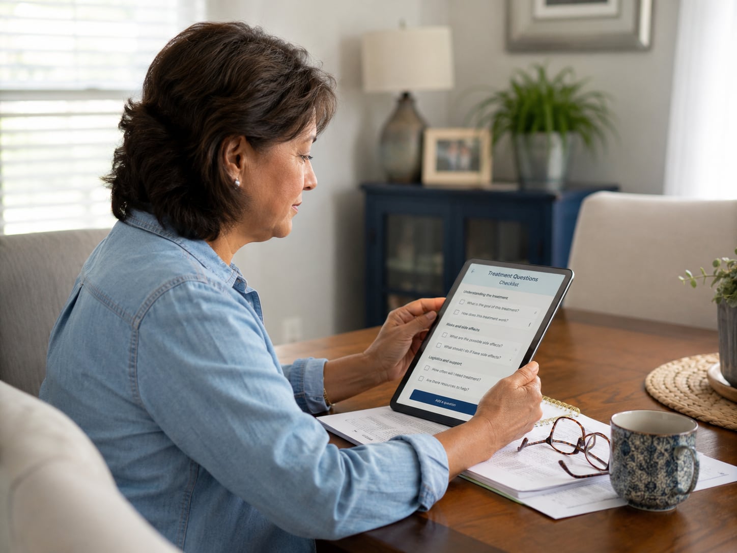 A woman sits on a couch reading a tablet in a living room
