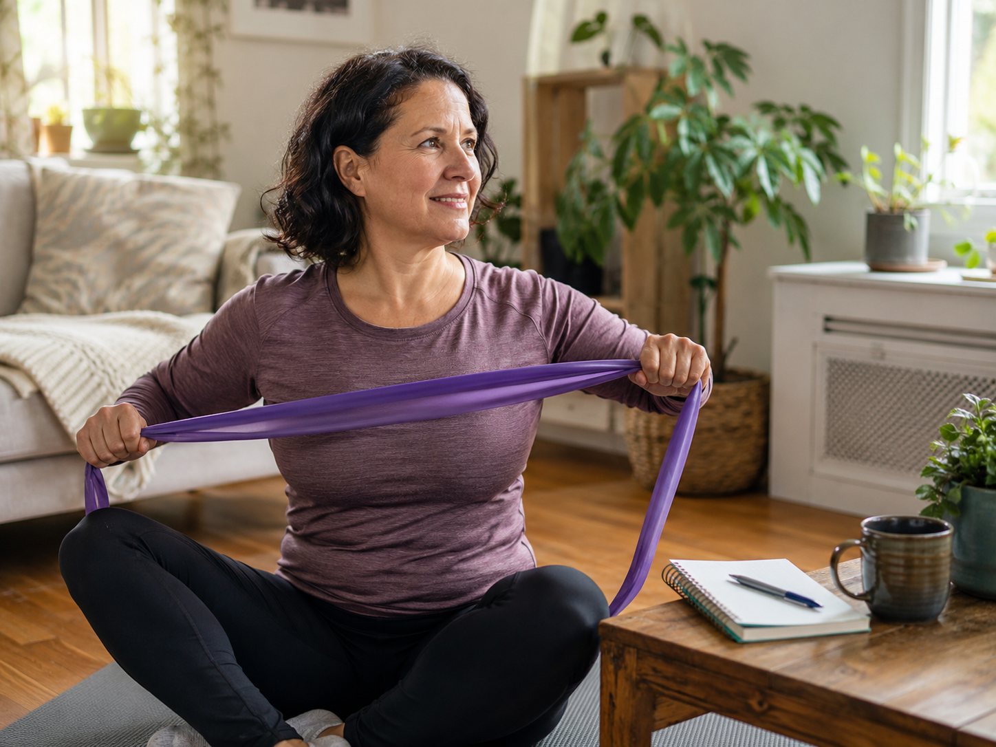 Woman sits cross-legged on a mat stretching a purple resistance band in a sunlit living room.