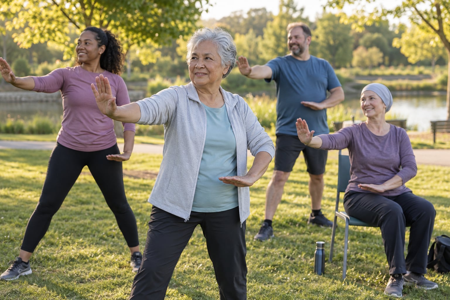 Four adults, including one wearing a headwrap, do a stretching exercise class together outdoors in a park, one seated in a chair.